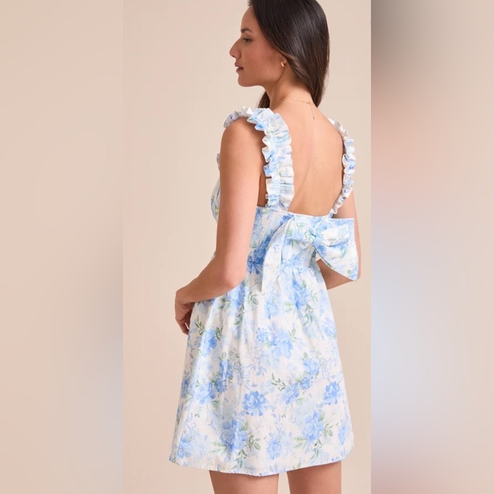 Altar'd State Alexa Floral Mini Dress Blue White Ruffle - Picture 10 of 13
